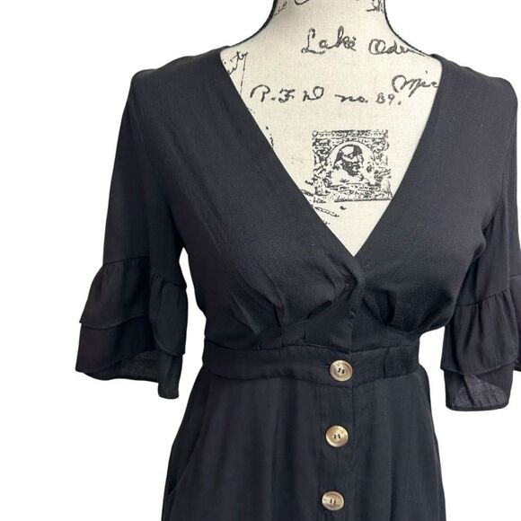 Shades of Blonde Black Fit and Flare Black Button-Down Dress Ruffle Sleeves XS - Picture 3 of 9